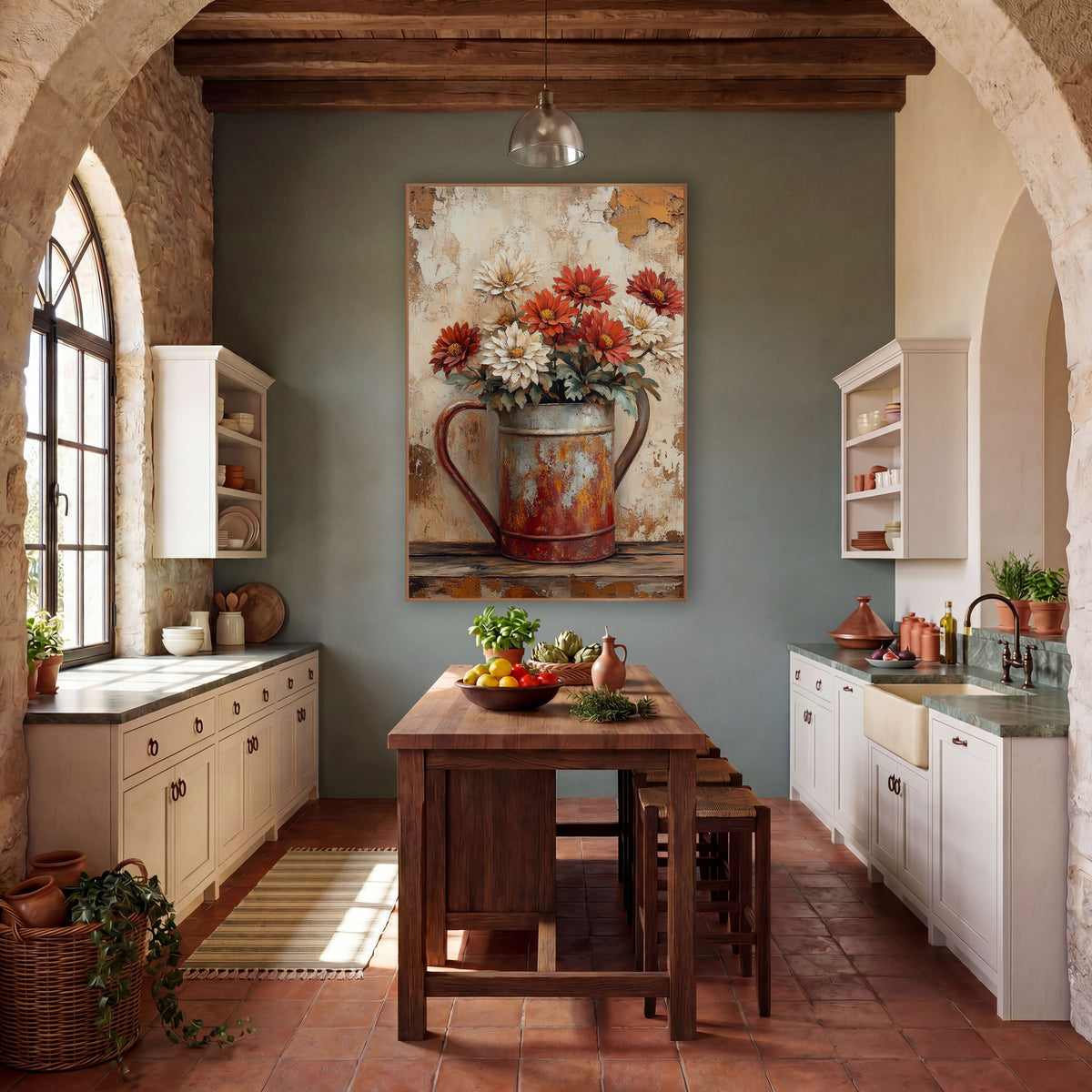 Rusty Watering Can Mums Farmhouse wall art in a farmhouse-style room – red and cream mums in a rusty watering can