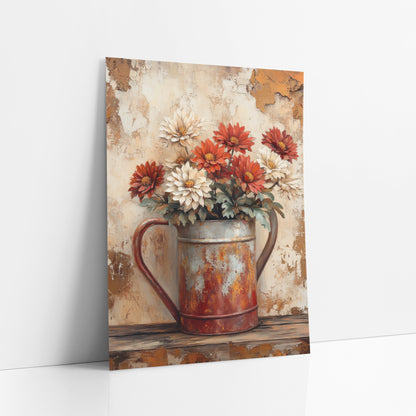 Rusty Watering Can Mums Farmhouse art print leaning against a white wall – red and cream mums in a rusty watering can