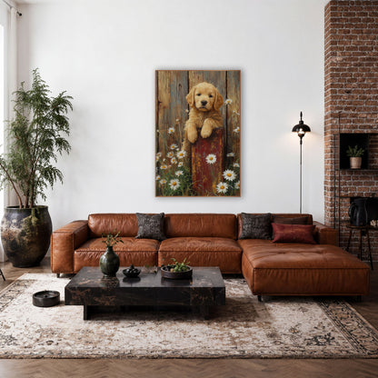 Golden Puppy Daisy Farmhouse wall art in a farmhouse-style room – golden puppy with paws on a red post among white