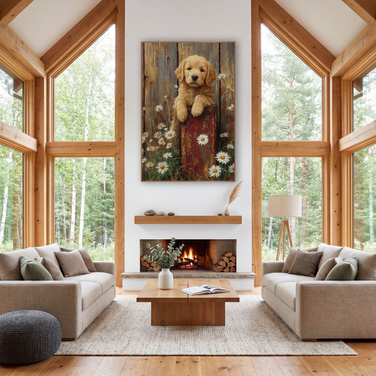 Golden Puppy Daisy Farmhouse wall art in a farmhouse-style room – golden puppy with paws on a red post among white