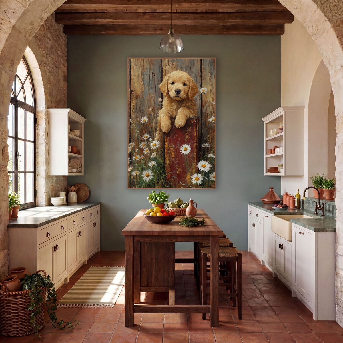 Golden Puppy Daisy Farmhouse wall art in a farmhouse-style room – golden puppy with paws on a red post among white