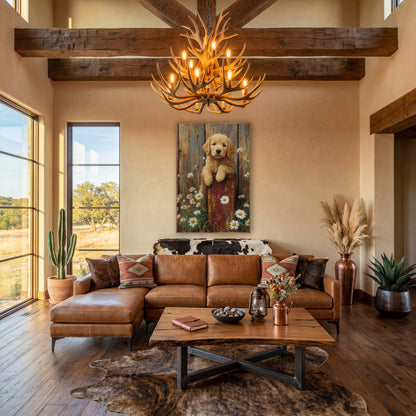 Golden Puppy Daisy Farmhouse wall art in a farmhouse-style room – golden puppy with paws on a red post among white