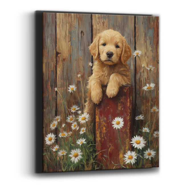 Golden Puppy Daisy Farmhouse Canvas Wall Art