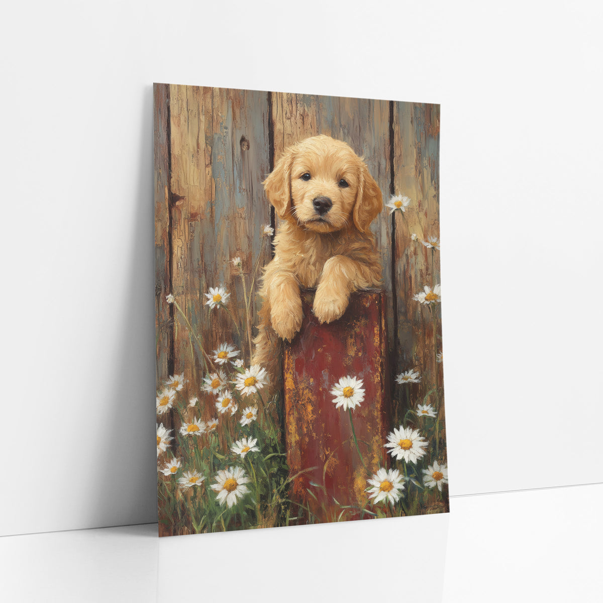 Golden Puppy Daisy Farmhouse art print leaning against a white wall – golden puppy with paws on a red post among white