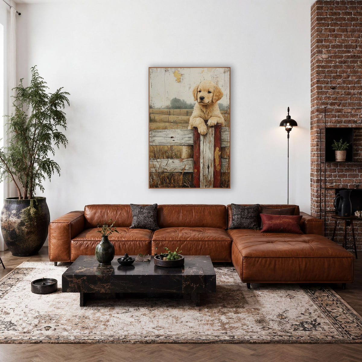 Golden Puppy Fence Post Farmhouse wall art in a farmhouse-style room – golden retriever puppy resting its paws