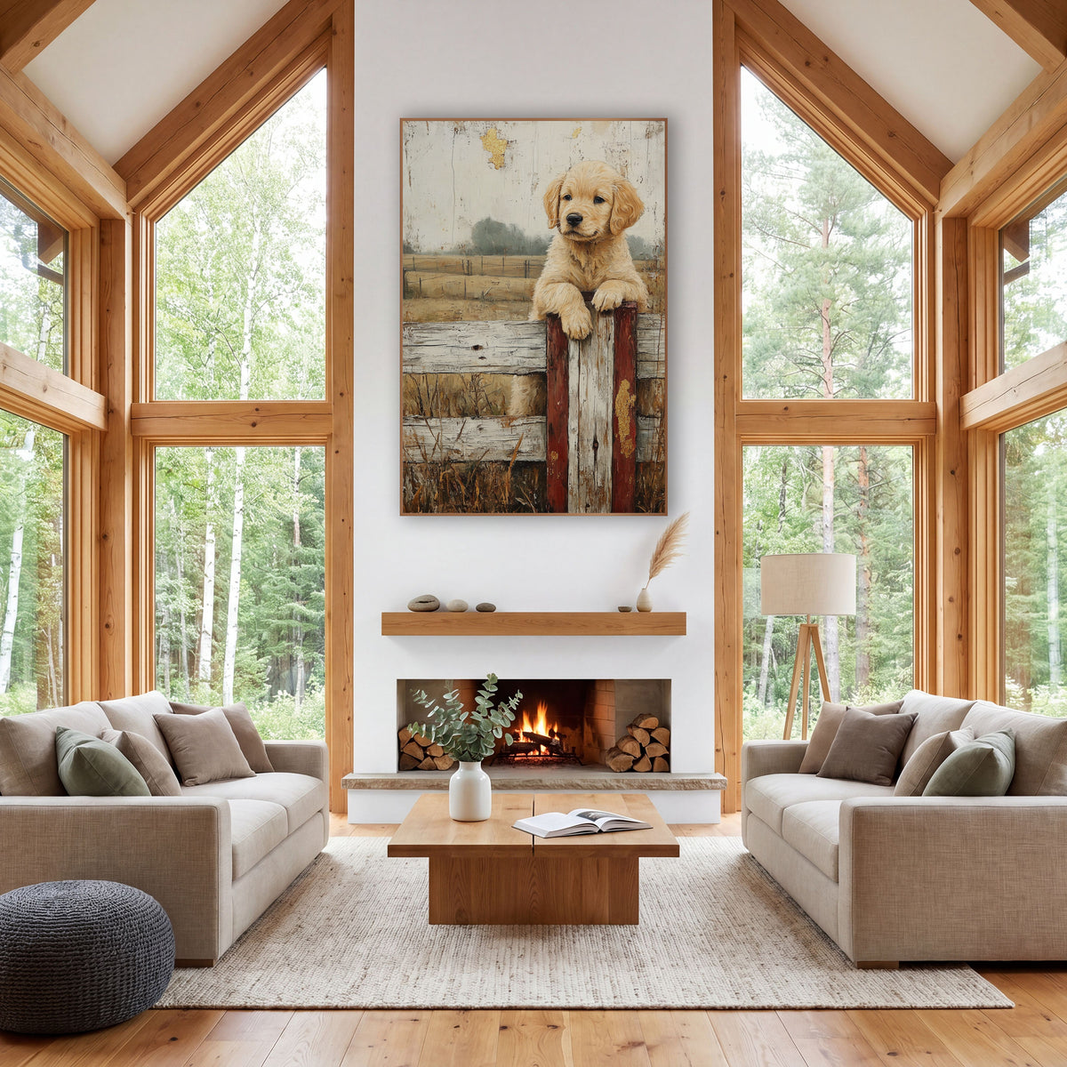 Golden Puppy Fence Post Farmhouse wall art in a farmhouse-style room – golden retriever puppy resting its paws