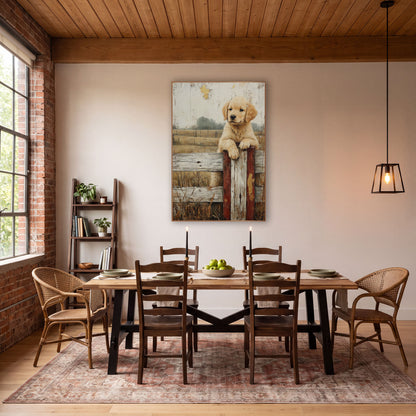 Golden Puppy Fence Post Farmhouse wall art in a farmhouse-style room – golden retriever puppy resting its paws