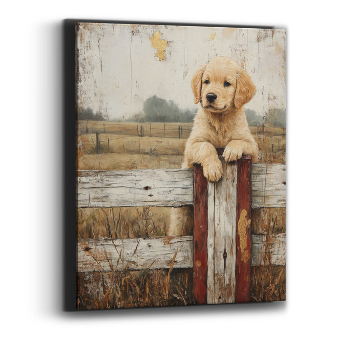 Golden Puppy Fence Post Farmhouse Canvas Wall Art