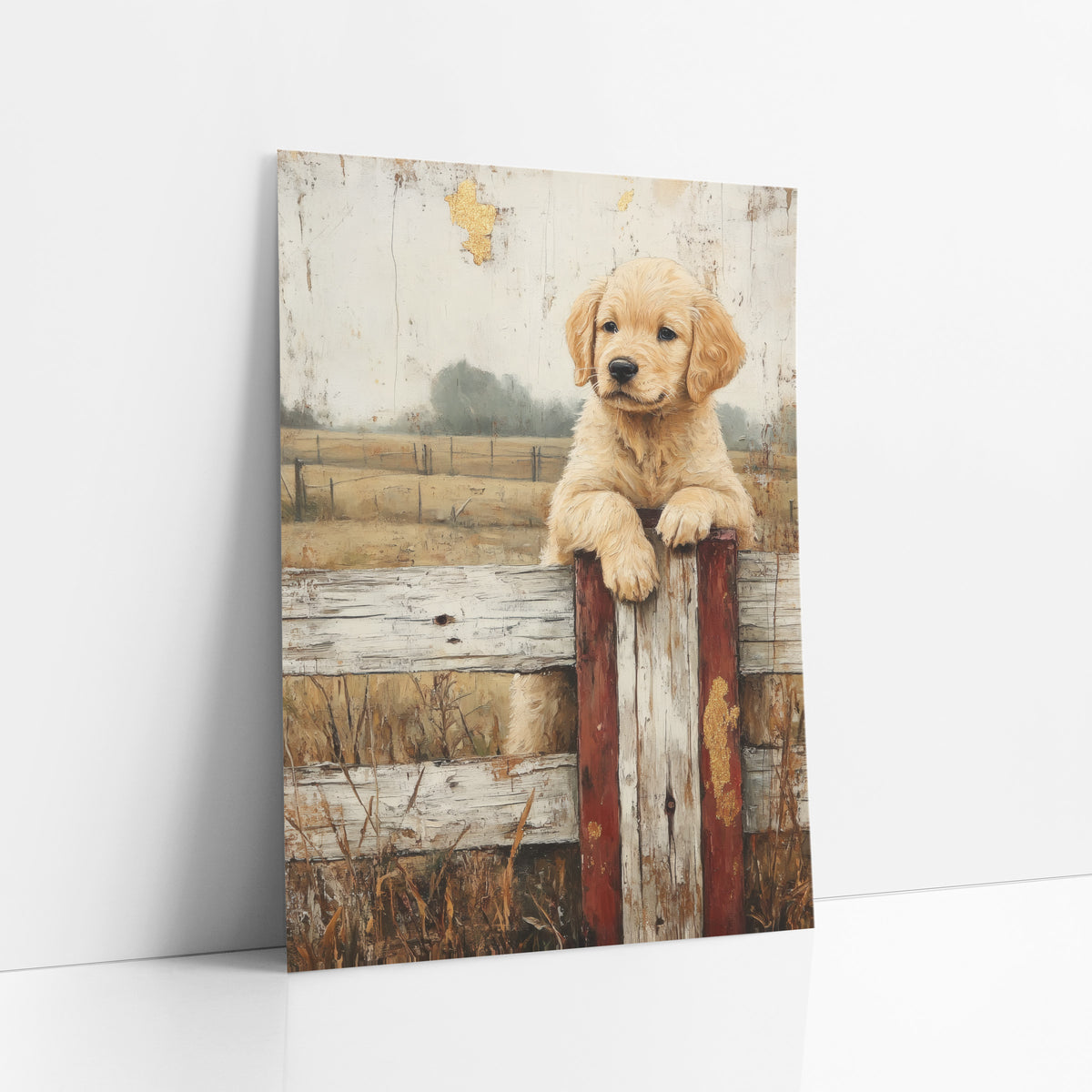 Golden Puppy Fence Post Farmhouse art print leaning against a white wall – golden retriever puppy resting its paws