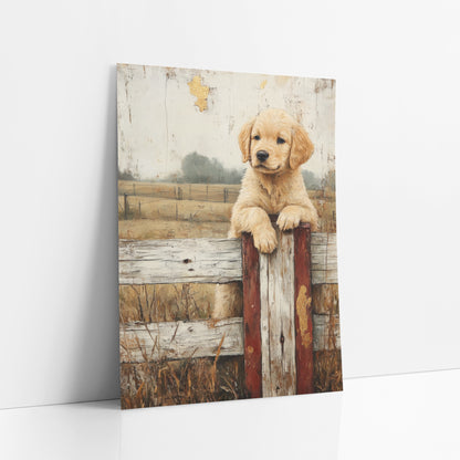 Golden Puppy Fence Post Farmhouse art print leaning against a white wall – golden retriever puppy resting its paws