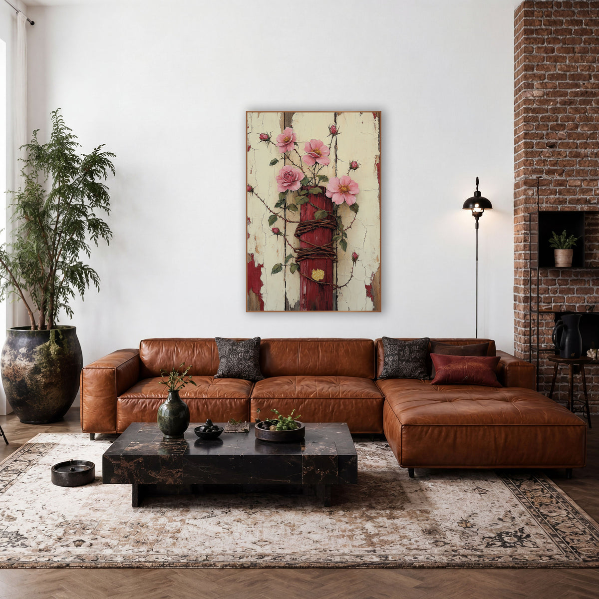 Crimson Post Wire Roses Rustic wall art in a farmhouse-style room – pink wild roses and buds on a red post wrapped