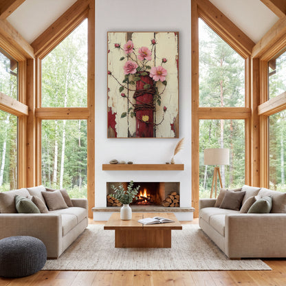 Crimson Post Wire Roses Rustic wall art in a farmhouse-style room – pink wild roses and buds on a red post wrapped