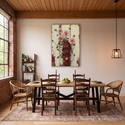 Crimson Post Wire Roses Rustic wall art in a farmhouse-style room – pink wild roses and buds on a red post wrapped