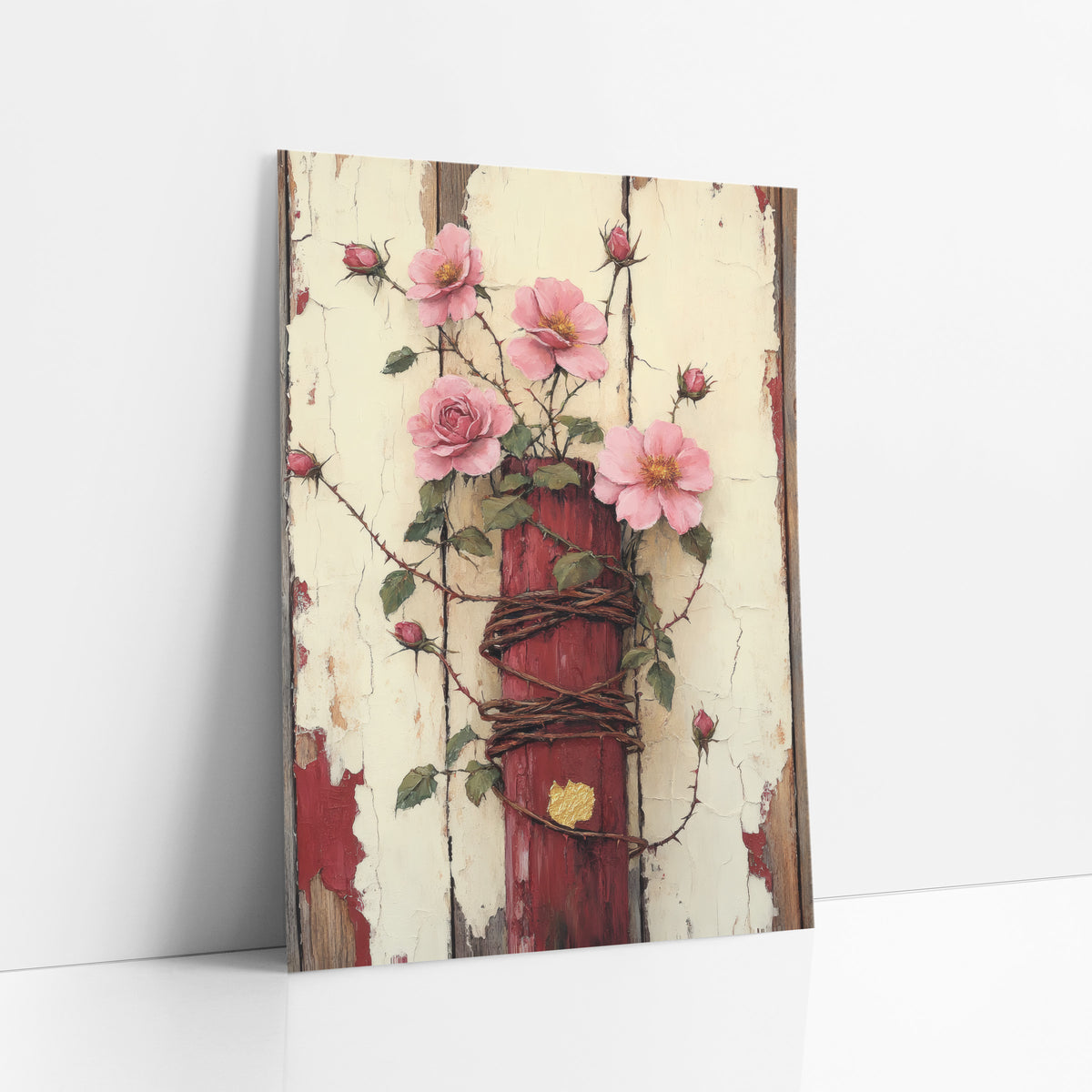 Crimson Post Wire Roses Rustic art print leaning against a white wall – pink wild roses and buds on a red post wrapped