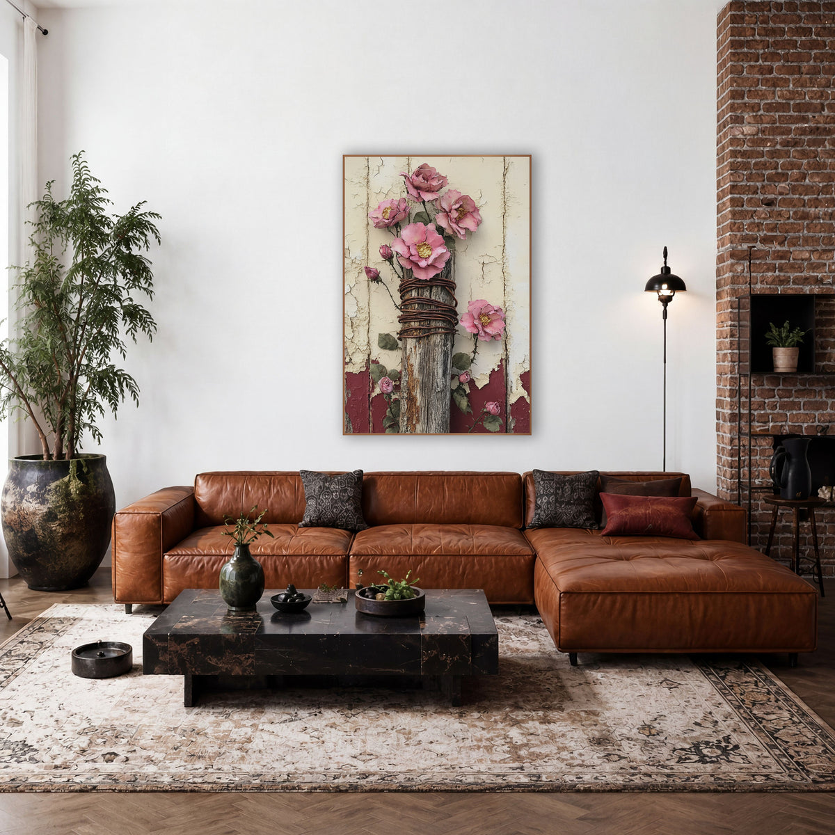 Weathered Post Pink Roses Farmhouse wall art in a farmhouse-style room – pink roses with gold centers on a weathered