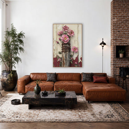 Weathered Post Pink Roses Farmhouse wall art in a farmhouse-style room – pink roses with gold centers on a weathered