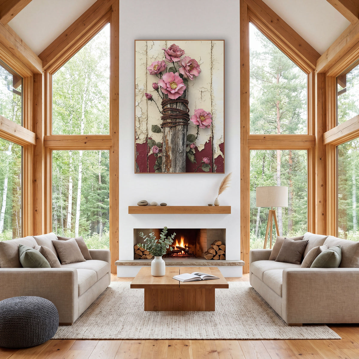 Weathered Post Pink Roses Farmhouse wall art in a farmhouse-style room – pink roses with gold centers on a weathered