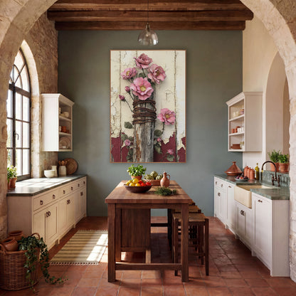 Weathered Post Pink Roses Farmhouse wall art in a farmhouse-style room – pink roses with gold centers on a weathered