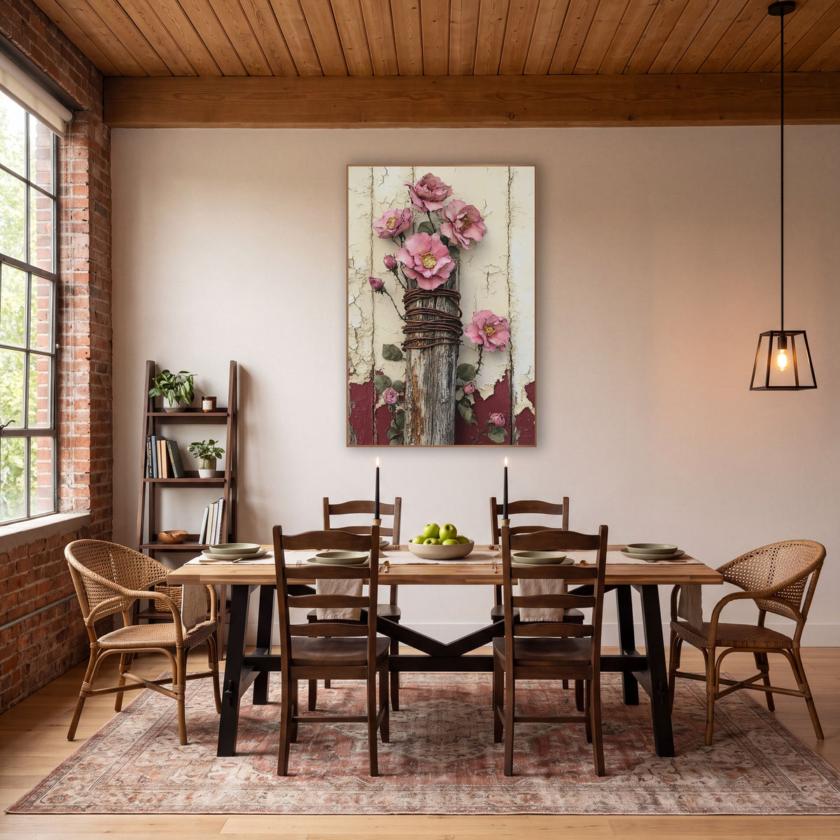 Weathered Post Pink Roses Farmhouse wall art in a farmhouse-style room – pink roses with gold centers on a weathered