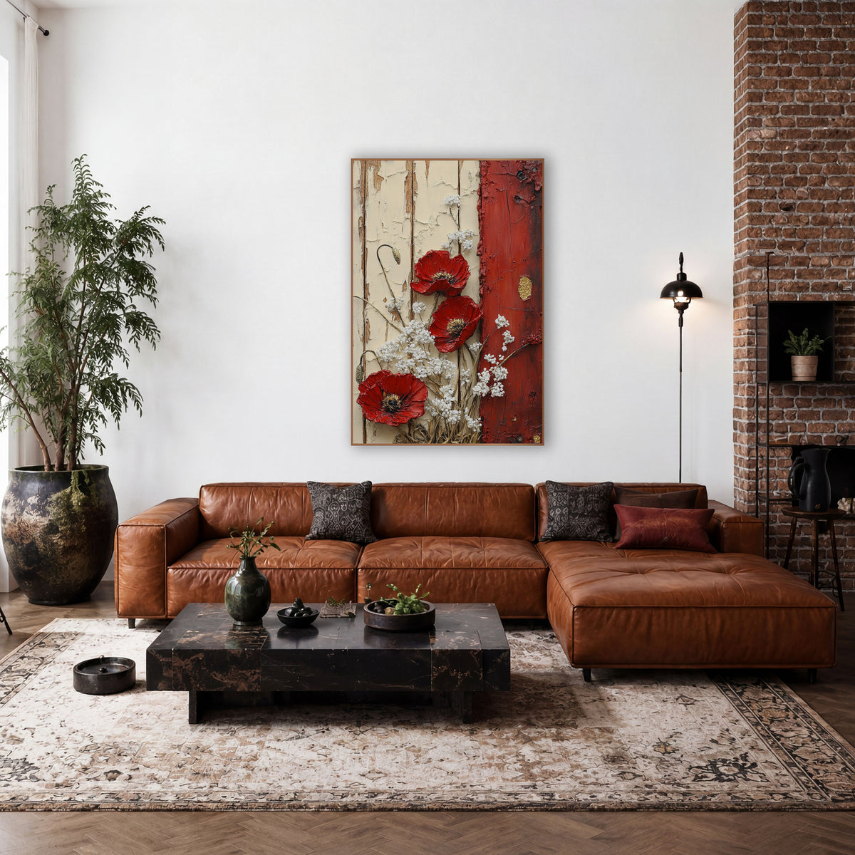 Red Poppy Rustic Door Farmhouse wall art in a farmhouse-style room – three red poppies and white blossoms on cream
