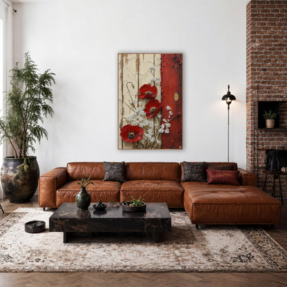 Red Poppy Rustic Door Farmhouse wall art in a farmhouse-style room – three red poppies and white blossoms on cream