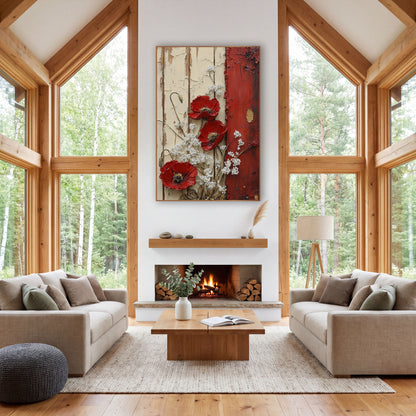 Red Poppy Rustic Door Farmhouse wall art in a farmhouse-style room – three red poppies and white blossoms on cream