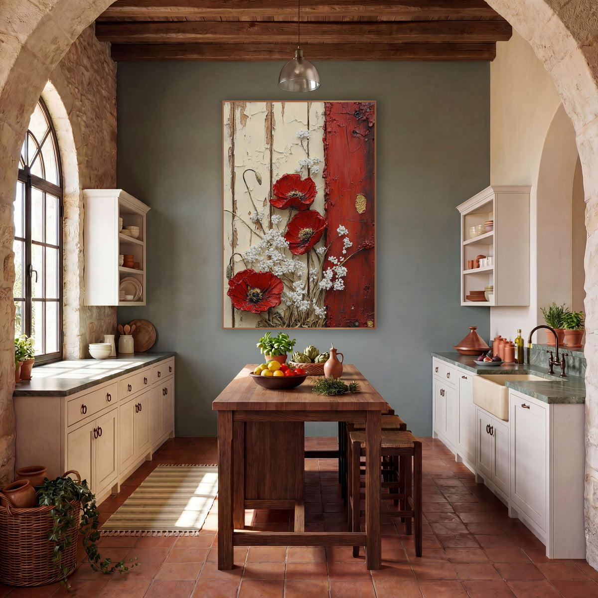 Red Poppy Rustic Door Farmhouse wall art in a farmhouse-style room – three red poppies and white blossoms on cream