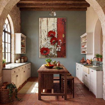 Red Poppy Rustic Door Farmhouse wall art in a farmhouse-style room – three red poppies and white blossoms on cream