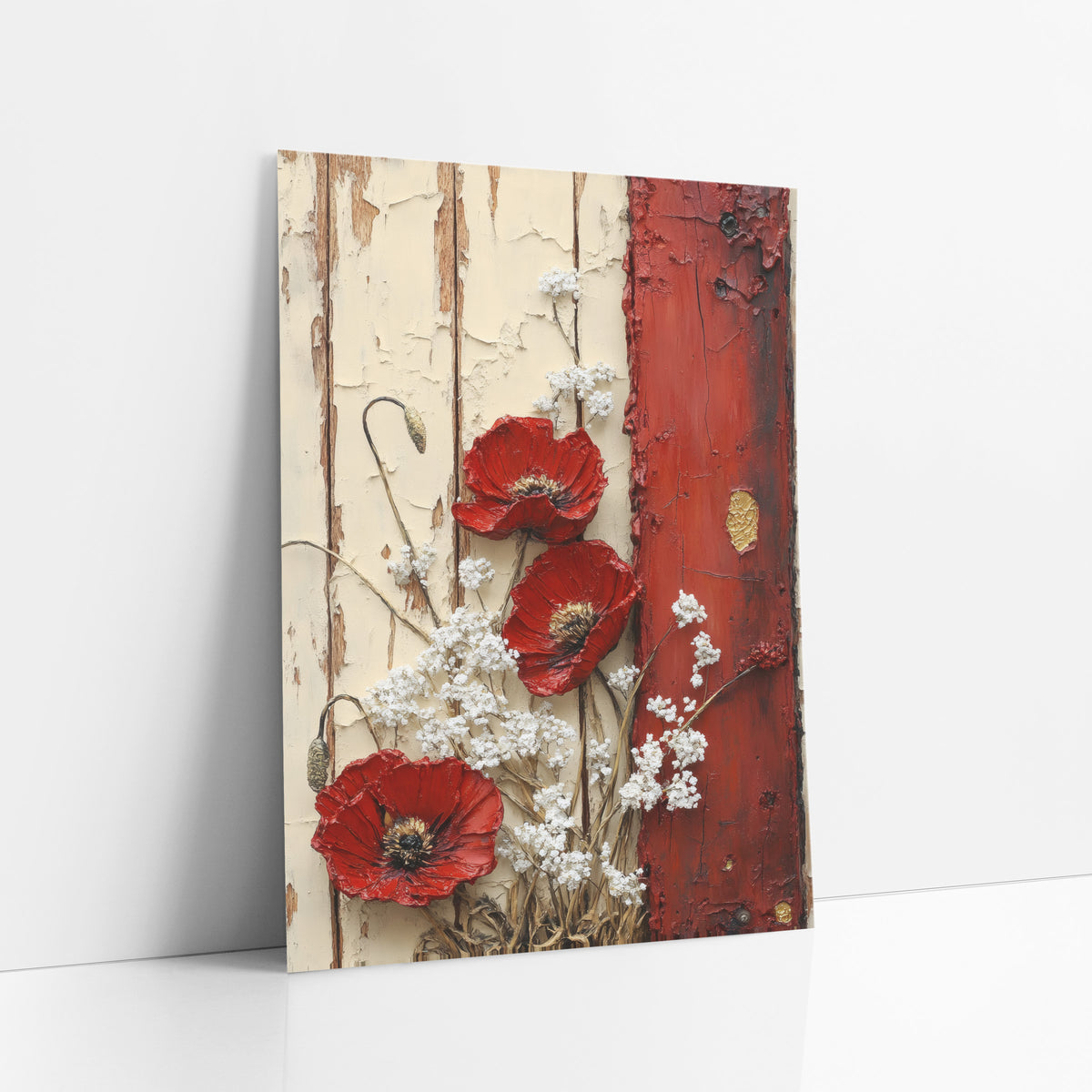 Red Poppy Rustic Door Farmhouse art print leaning against a white wall – three red poppies and white blossoms on cream