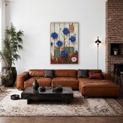Cobalt Cornflower Weathered Fence Farmhouse wall art in a farmhouse-style room – cobalt blue cornflowers and a white
