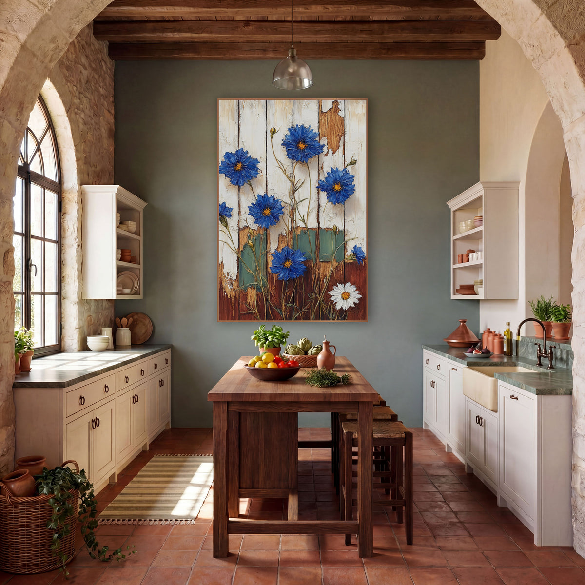 Cobalt Cornflower Weathered Fence Farmhouse wall art in a farmhouse-style room – cobalt blue cornflowers and a white
