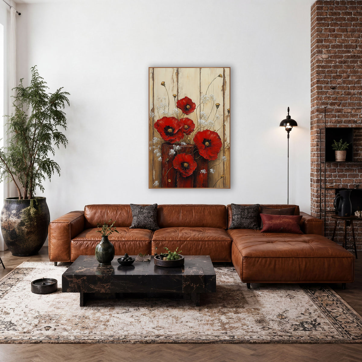 Red Poppy Rustic Floral Farmhouse wall art in a farmhouse-style room – red poppies and white wildflowers in a red