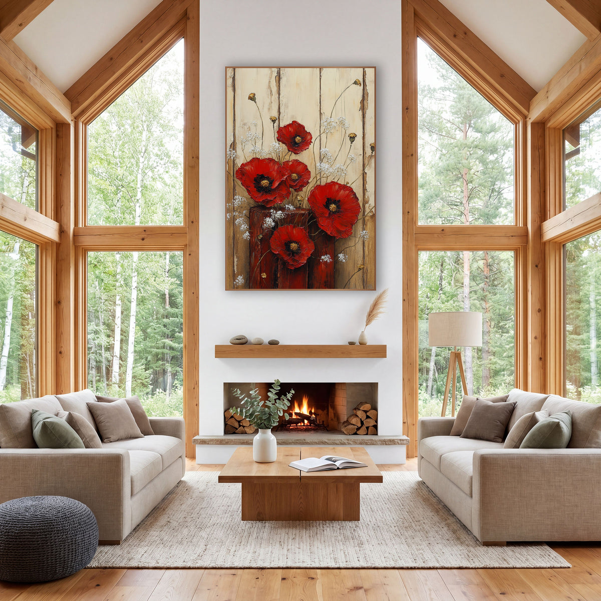 Red Poppy Rustic Floral Farmhouse wall art in a farmhouse-style room – red poppies and white wildflowers in a red