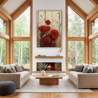 Red Poppy Rustic Floral Farmhouse wall art in a farmhouse-style room – red poppies and white wildflowers in a red