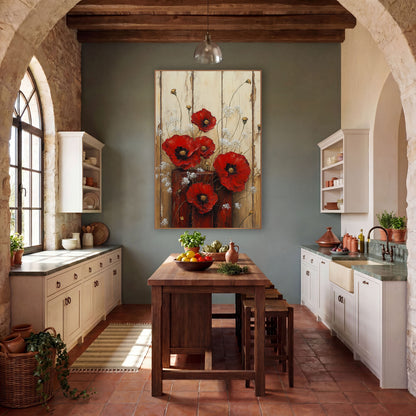 Red Poppy Rustic Floral Farmhouse wall art in a farmhouse-style room – red poppies and white wildflowers in a red
