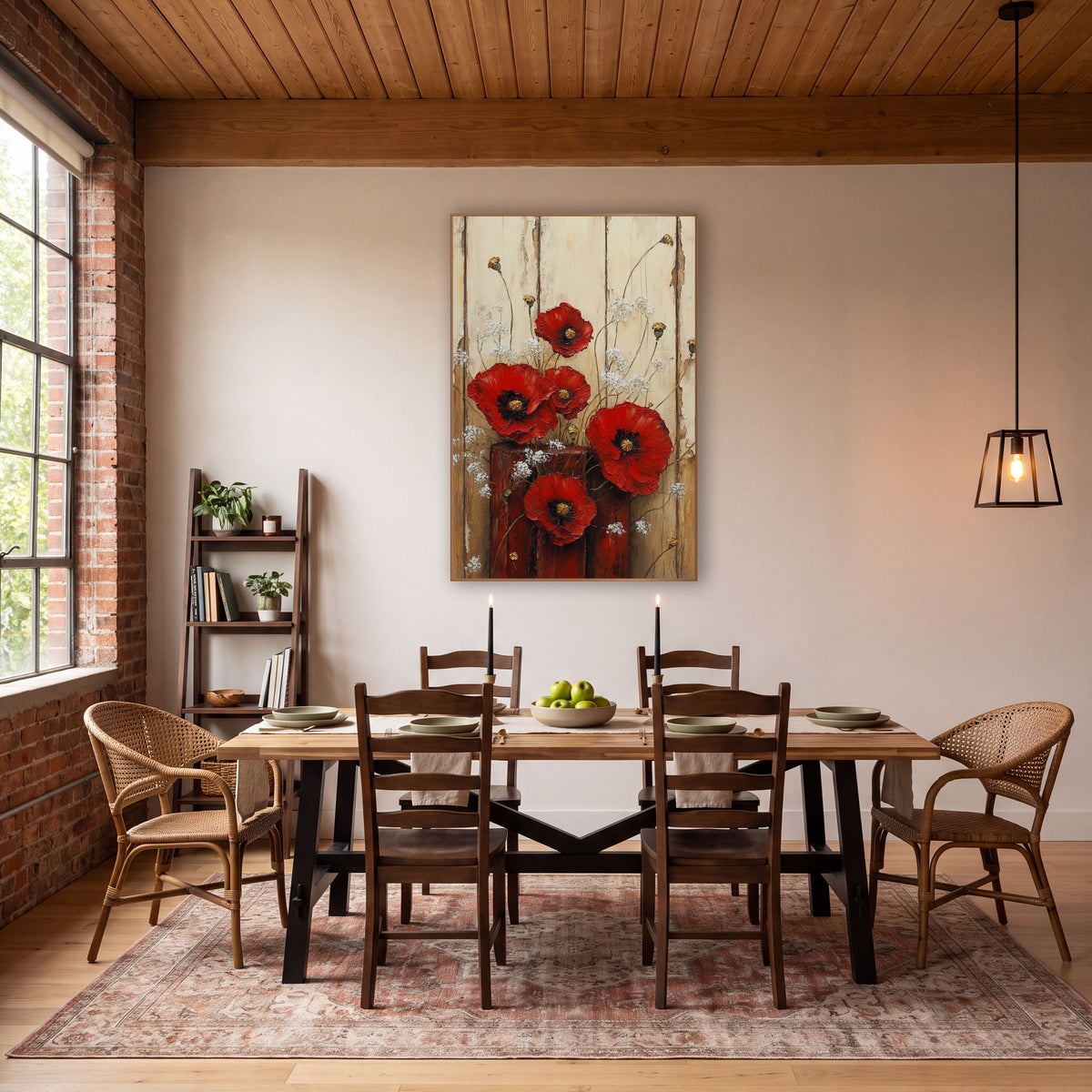 Red Poppy Rustic Floral Farmhouse wall art in a farmhouse-style room – red poppies and white wildflowers in a red
