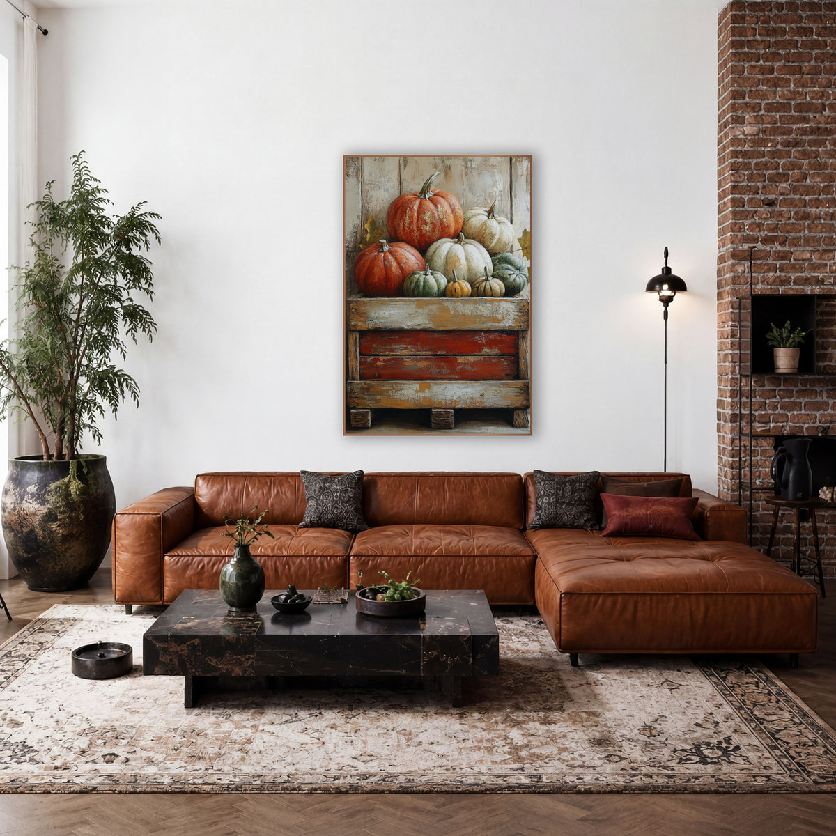 Heirloom Pumpkins on Crate Farmhouse wall art in a farmhouse-style room – orange, cream and green pumpkins and gourds