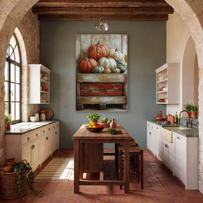 Heirloom Pumpkins on Crate Farmhouse wall art in a farmhouse-style room – orange, cream and green pumpkins and gourds