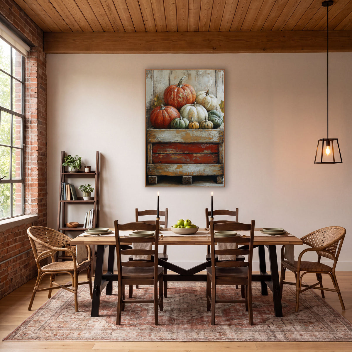 Heirloom Pumpkins on Crate Farmhouse wall art in a farmhouse-style room – orange, cream and green pumpkins and gourds