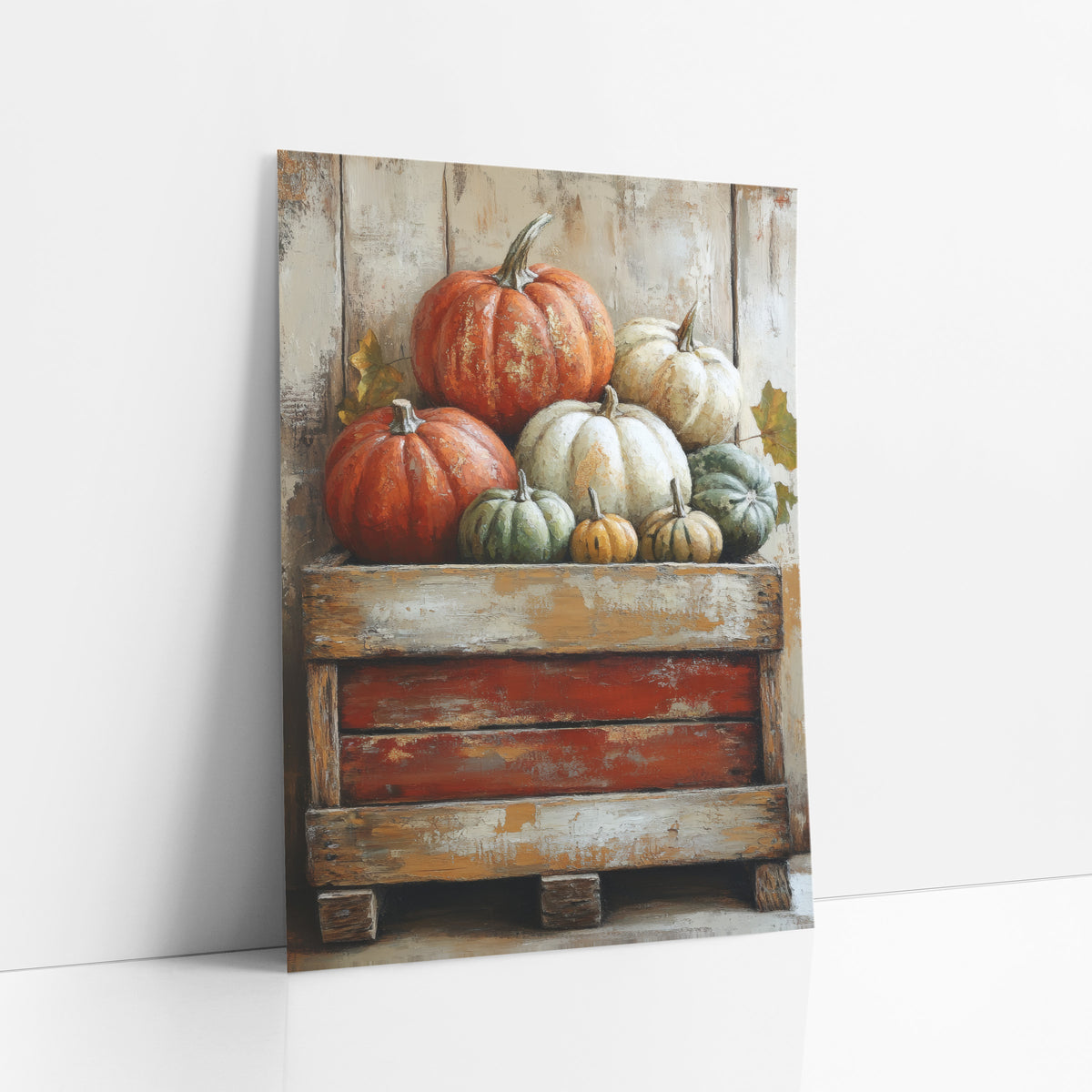 Heirloom Pumpkins on Crate Farmhouse art print leaning against a white wall – orange, cream and green pumpkins and gourds