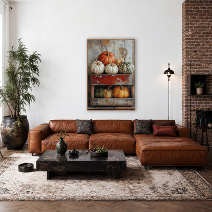 Heirloom Pumpkins Rustic Crate Farmhouse wall art in a farmhouse-style room – orange, white and green heirloom