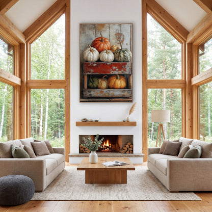 Heirloom Pumpkins Rustic Crate Farmhouse wall art in a farmhouse-style room – orange, white and green heirloom