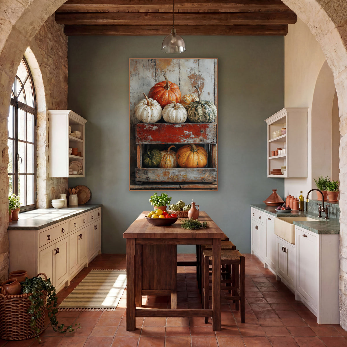 Heirloom Pumpkins Rustic Crate Farmhouse wall art in a farmhouse-style room – orange, white and green heirloom