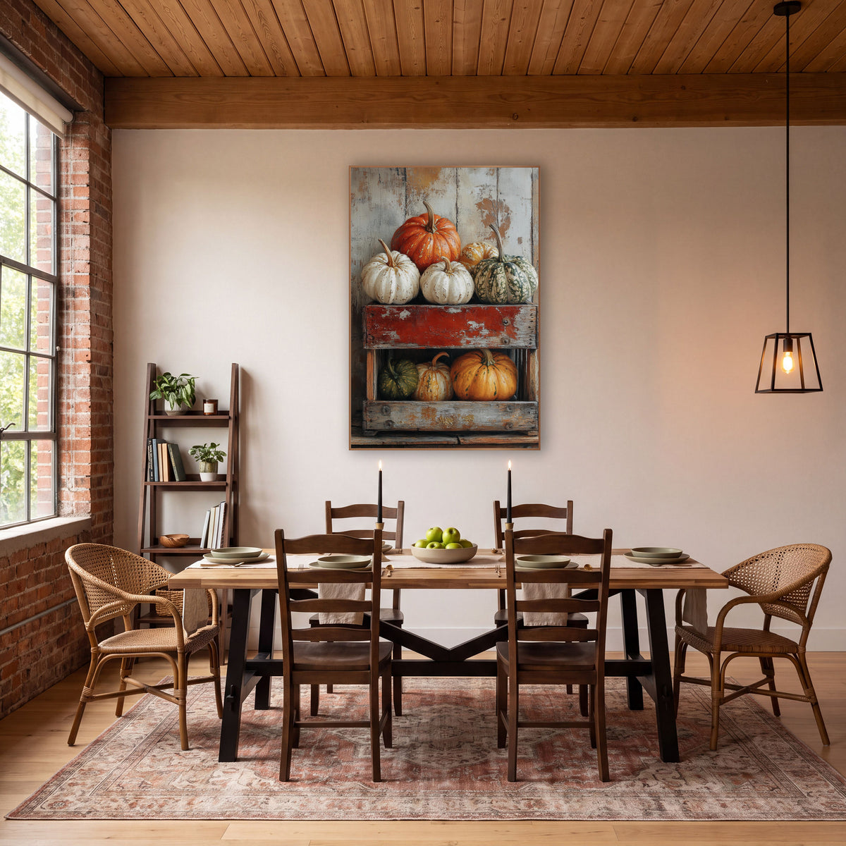 Heirloom Pumpkins Rustic Crate Farmhouse wall art in a farmhouse-style room – orange, white and green heirloom