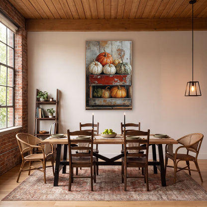 Heirloom Pumpkins Rustic Crate Farmhouse wall art in a farmhouse-style room – orange, white and green heirloom