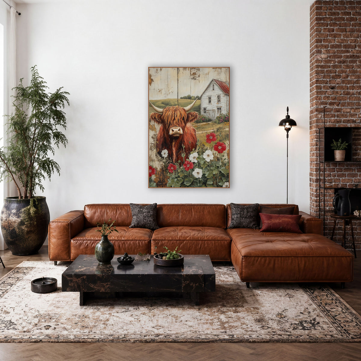 Highland Cow Hollyhock Farmhouse Country wall art in a farmhouse-style room – shaggy red highland cow with long horns