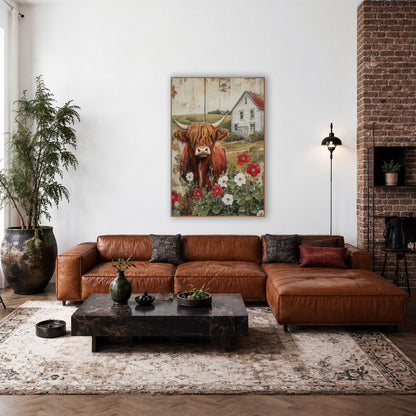 Highland Cow Hollyhock Farmhouse Country wall art in a farmhouse-style room – shaggy red highland cow with long horns
