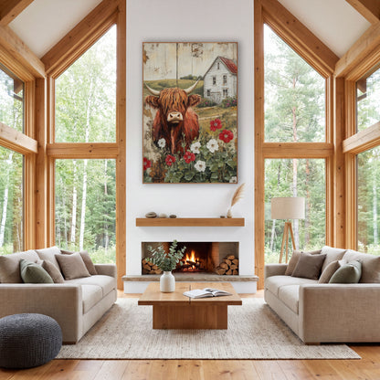 Highland Cow Hollyhock Farmhouse Country wall art in a farmhouse-style room – shaggy red highland cow with long horns