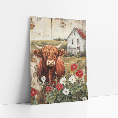Highland Cow Hollyhock Farmhouse Country art print leaning against a white wall – shaggy red highland cow with long horns
