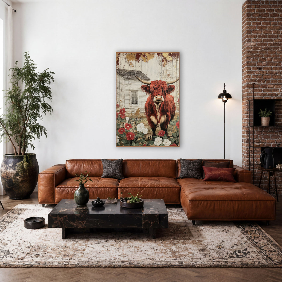 Crimson Gilded Longhorn Plank Rustic wall art in a farmhouse-style room – red highland cow with long horns among red